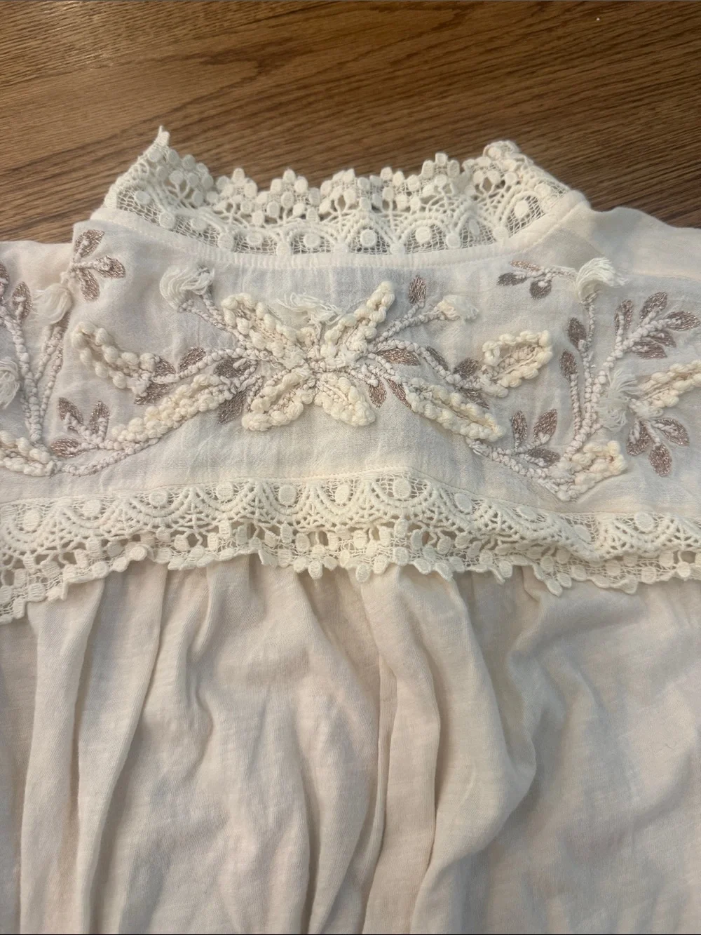 Anthropologie Cream Lace-Yoke High Neck Blouse